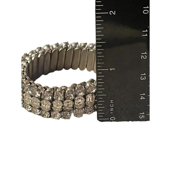 Icy Clear Rhinestone 3 Row Stretch Bangle Bracelet Silver Tone VTG Wedding Prom - Picture 11 of 12
